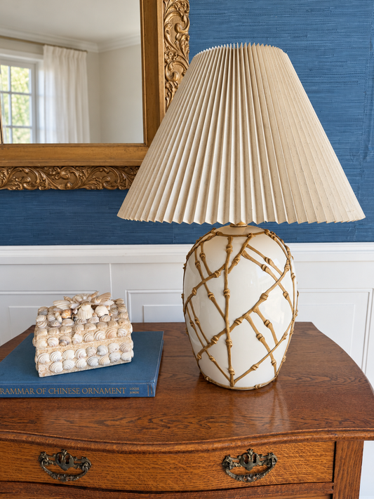 Vintage Faux Bamboo Lattice “Icing” Ceramic Table Lamp | Hollywood Regency Lamp with Pleated Shade