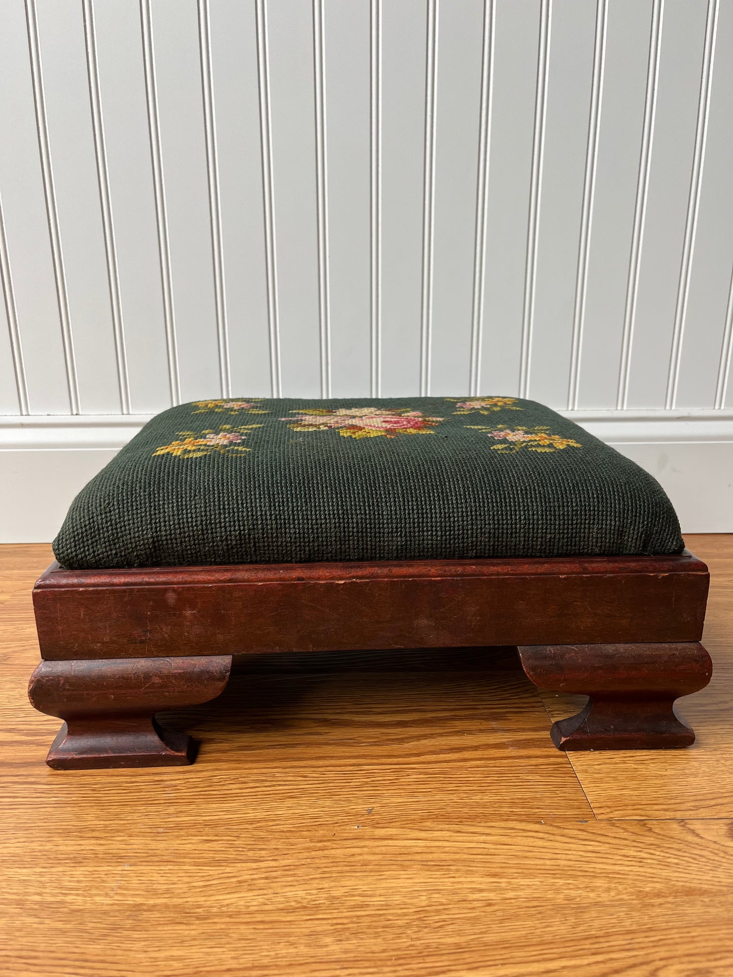 Antique Footstool circa 1880s Hand Needlepoint Floral Tapestry + Carved Wood Footstool Ottoman