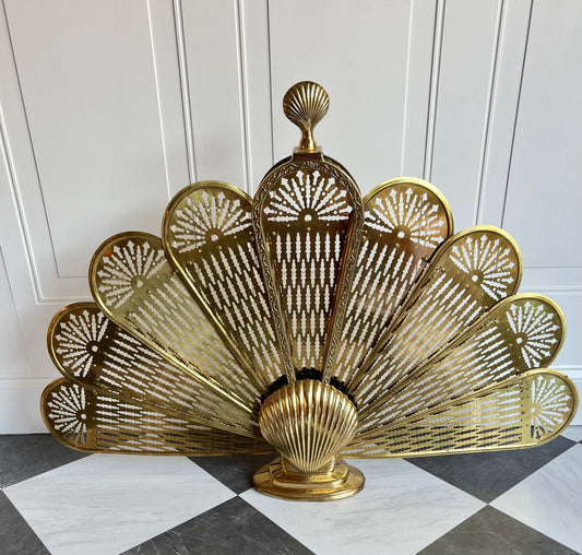 Vintage Seashell Clam Peacock Fireplace Folding Fan Screen
