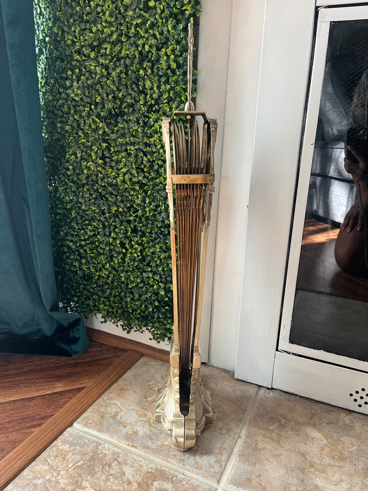 1920s Cameo Victorian Style Brass Peacock Fireplace Folding Fan Screen