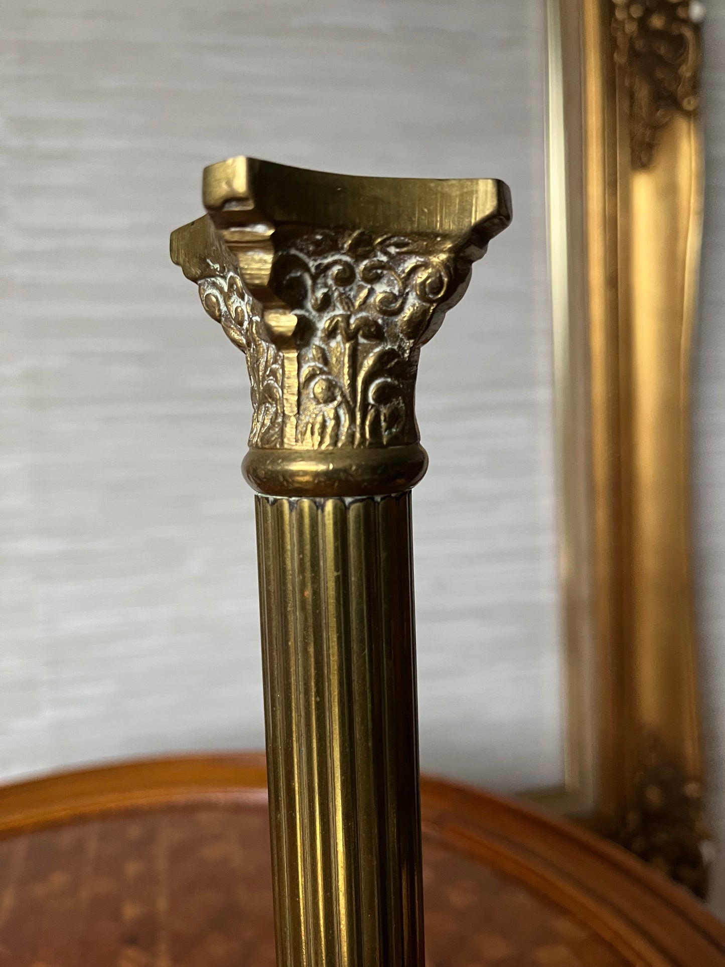 Vintage Neoclassical Brass Greek Corinthian Column Candlestick Holder Pair