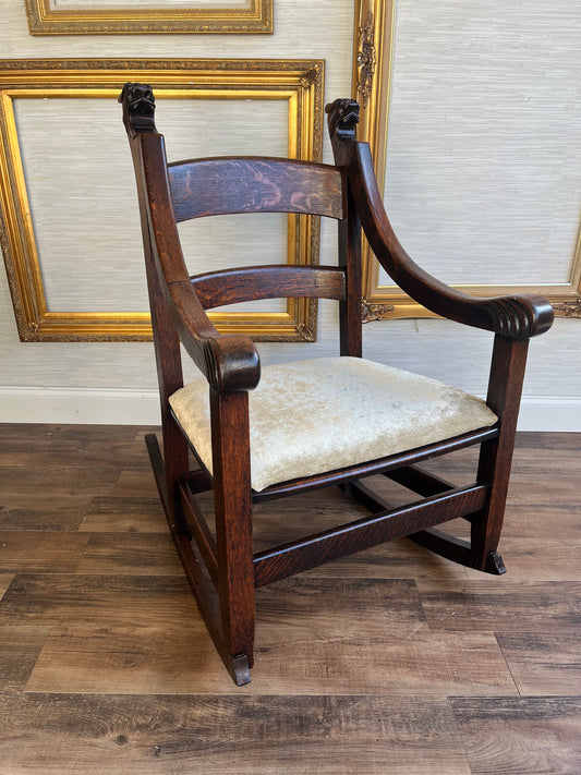 Antique Victorian Era Grotesque Hand Carved Oak Rocking Chair