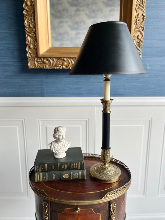 Vintage French Bouillotte-Style Table Lamp – Black Shade & Ornate Neoclassical Base