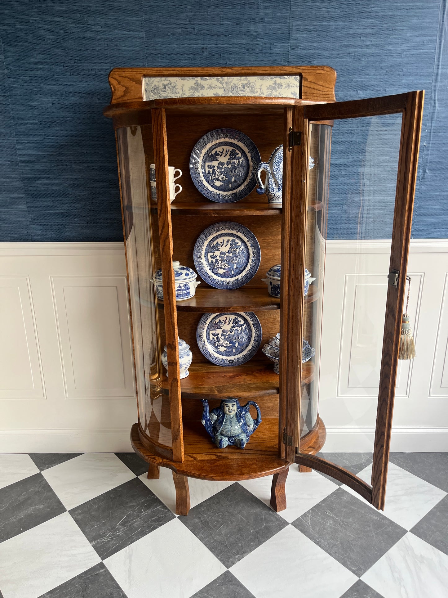 Vintage Oak China Curio Cabinet with Curved Glass & Skeleton Key + Lock | Heirloom Display Showcase