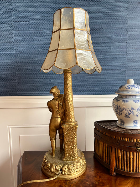 Vintage 1940s Gilded Figural Table Lamp with Capiz Shell Shade