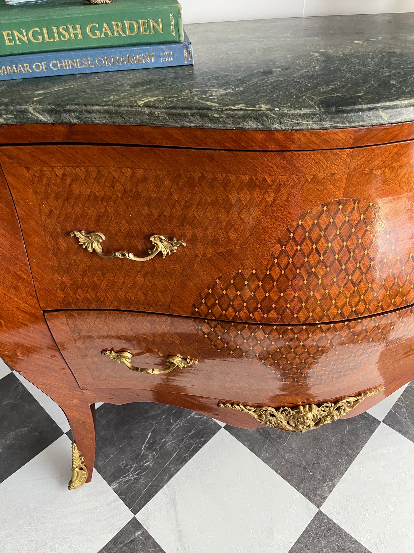 Vintage French Marquetry Bombe Commode Chest Dresser with Green Marble Top & Gilt Brass