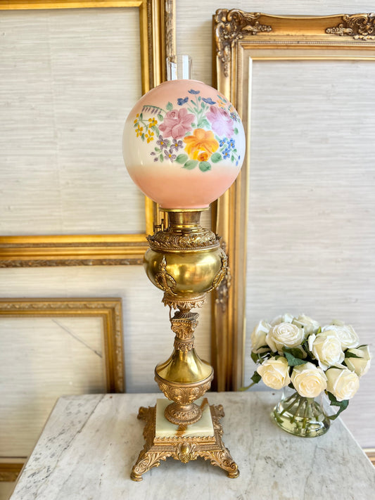 Antique Victorian Parlor Brass Banquet Gone With The Wind Hand Painted Floral Electrified Oil Lamp circa late 1800s