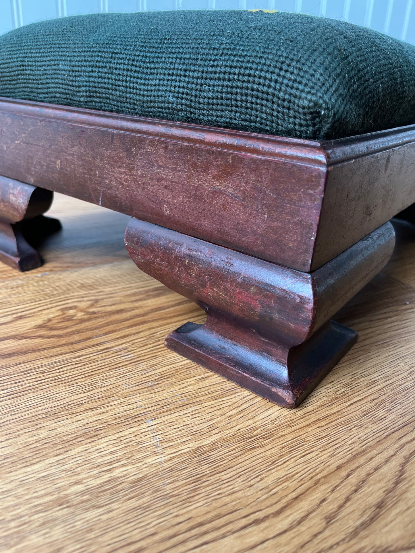 Antique Footstool circa 1880s Hand Needlepoint Floral Tapestry + Carved Wood Footstool Ottoman