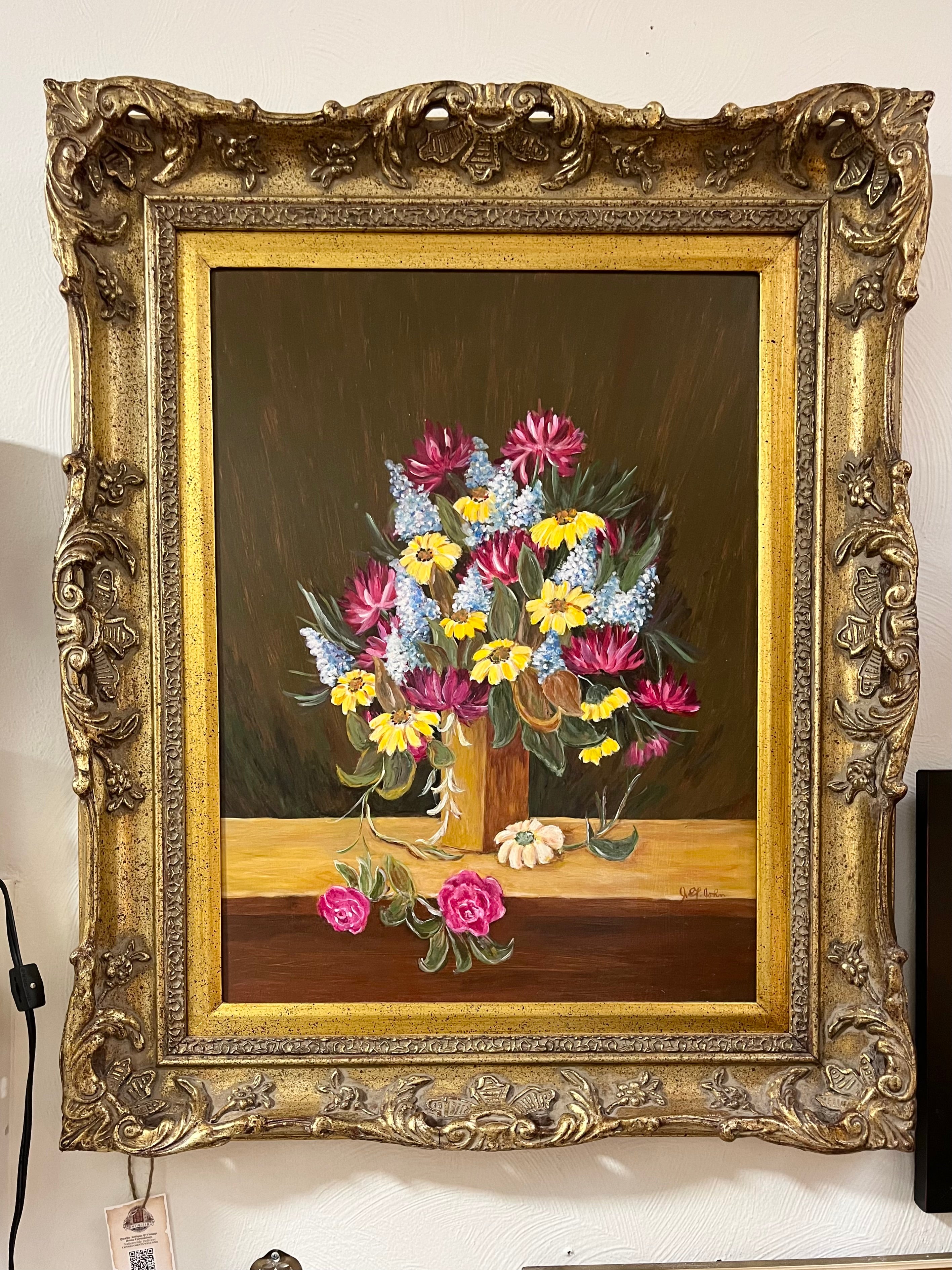 Large Vintage Gold Framed Still Life Floral Original Oil Painting deals on Canvas