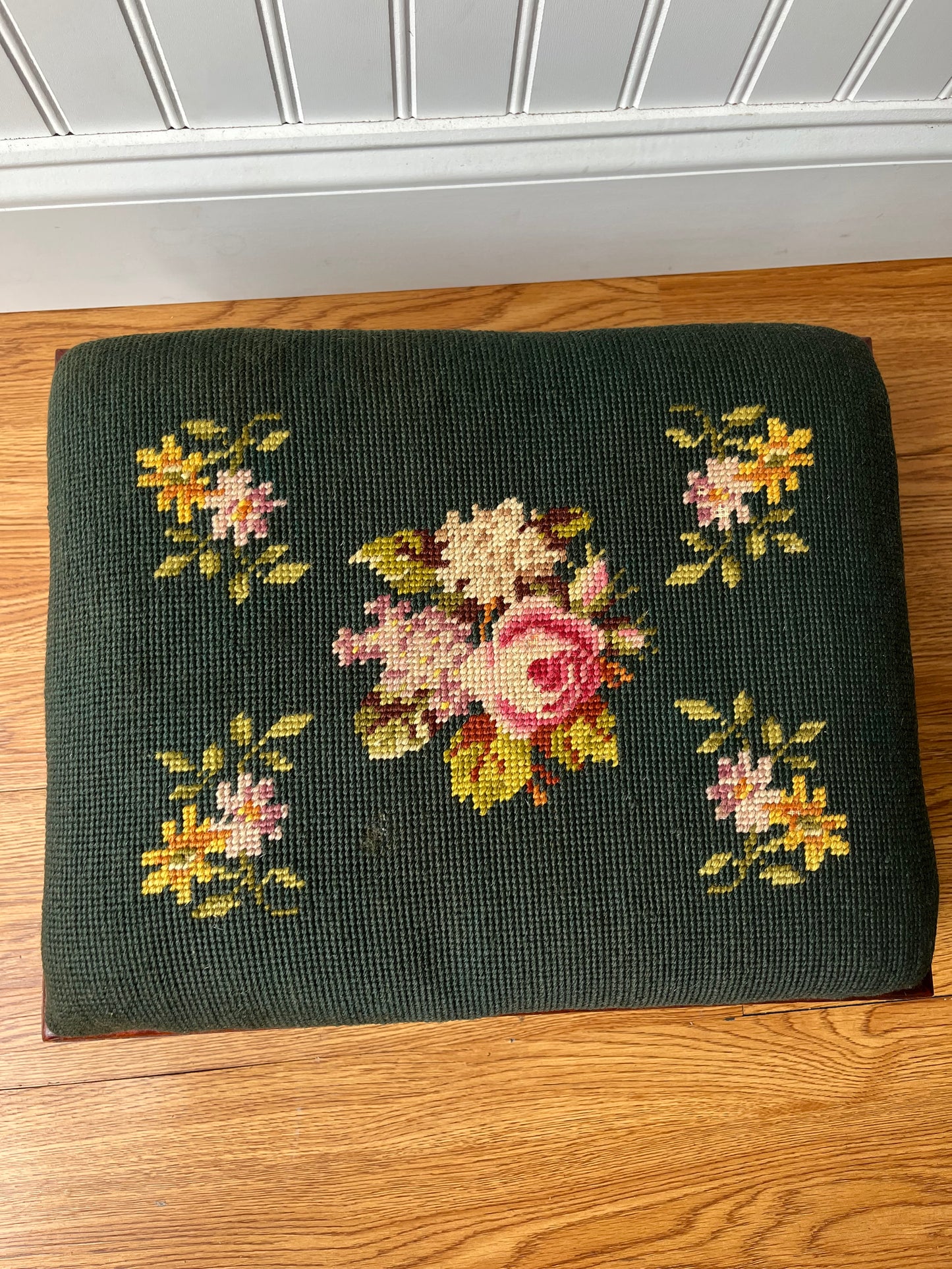 Antique Footstool circa 1880s Hand Needlepoint Floral Tapestry + Carved Wood Footstool Ottoman