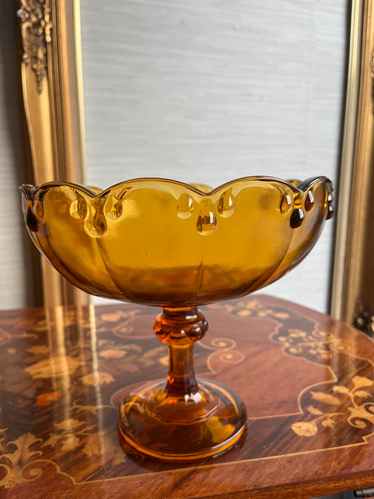 Vintage Amber Glass Teardrop Bowl Raised Pedestal Bowl