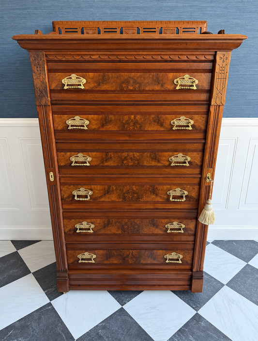 Antique 19th Century Eastlake Secretaire Chest | Side-Locking Burl Walnut Chest with Hidden Writing Desk