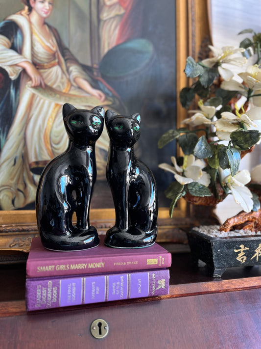 Vintage Mid Century Modern High Gloss Black Cat Figurines