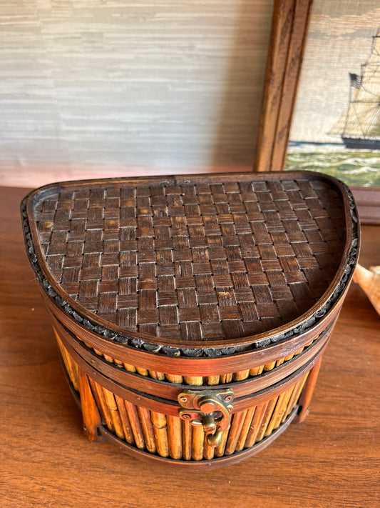 Vintage Bamboo & Rattan Wooden Demi Lune Storage Box