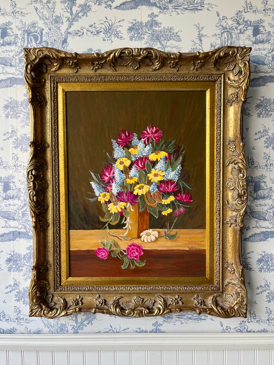 Cheerful Vintage Summer Still Life Bouquet Floral Original Painting Signed with Pink Roses, Yellow Daisies & Blue Lilacs | 32” x 26”