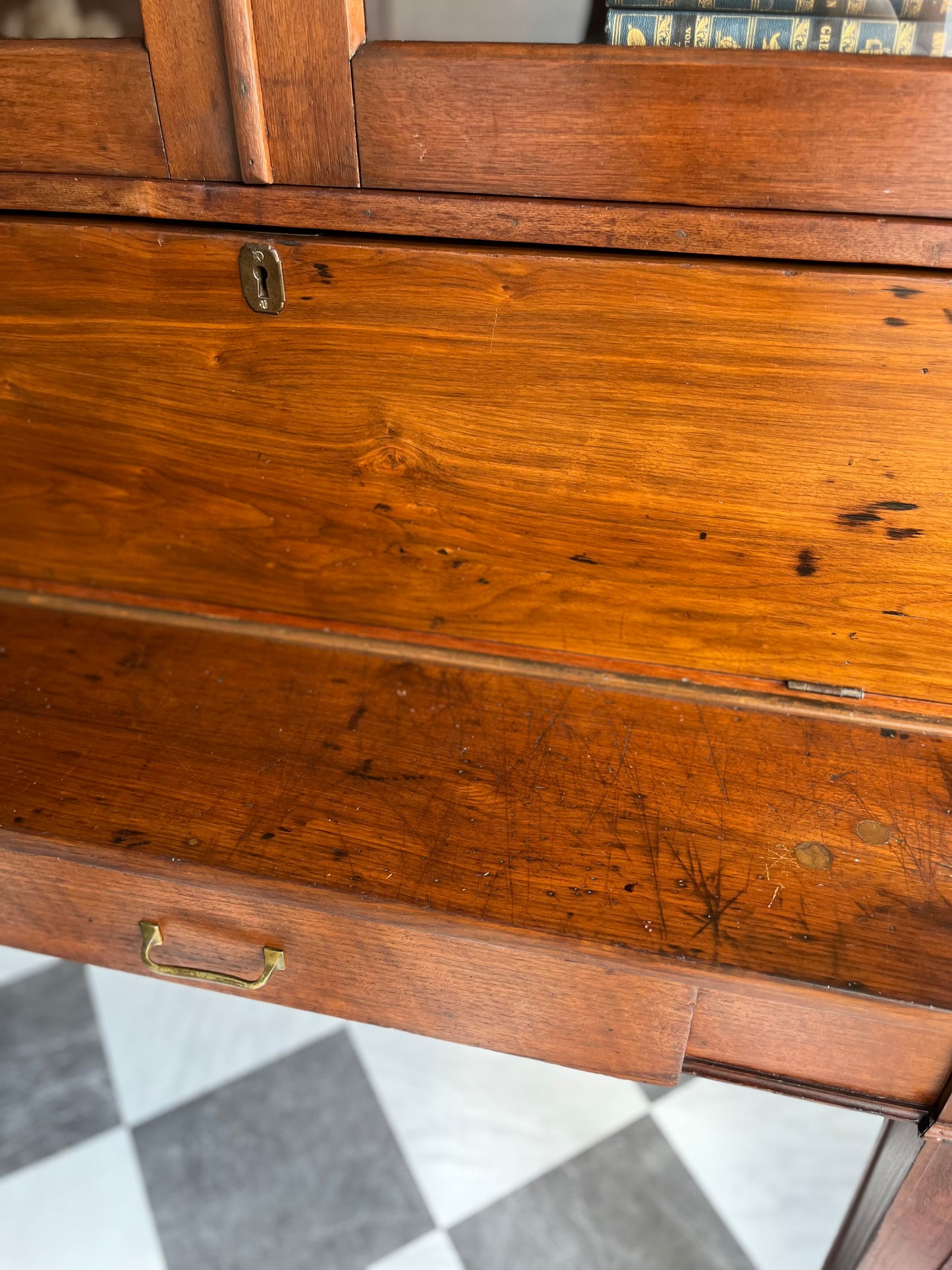 Rare Antique Hand Crafted Secretary Hutch Cabinet Federal Desk with Original Hand Blown Wavy Glass | Adjustable Shelves, Solid Walnut, Circa 1850s