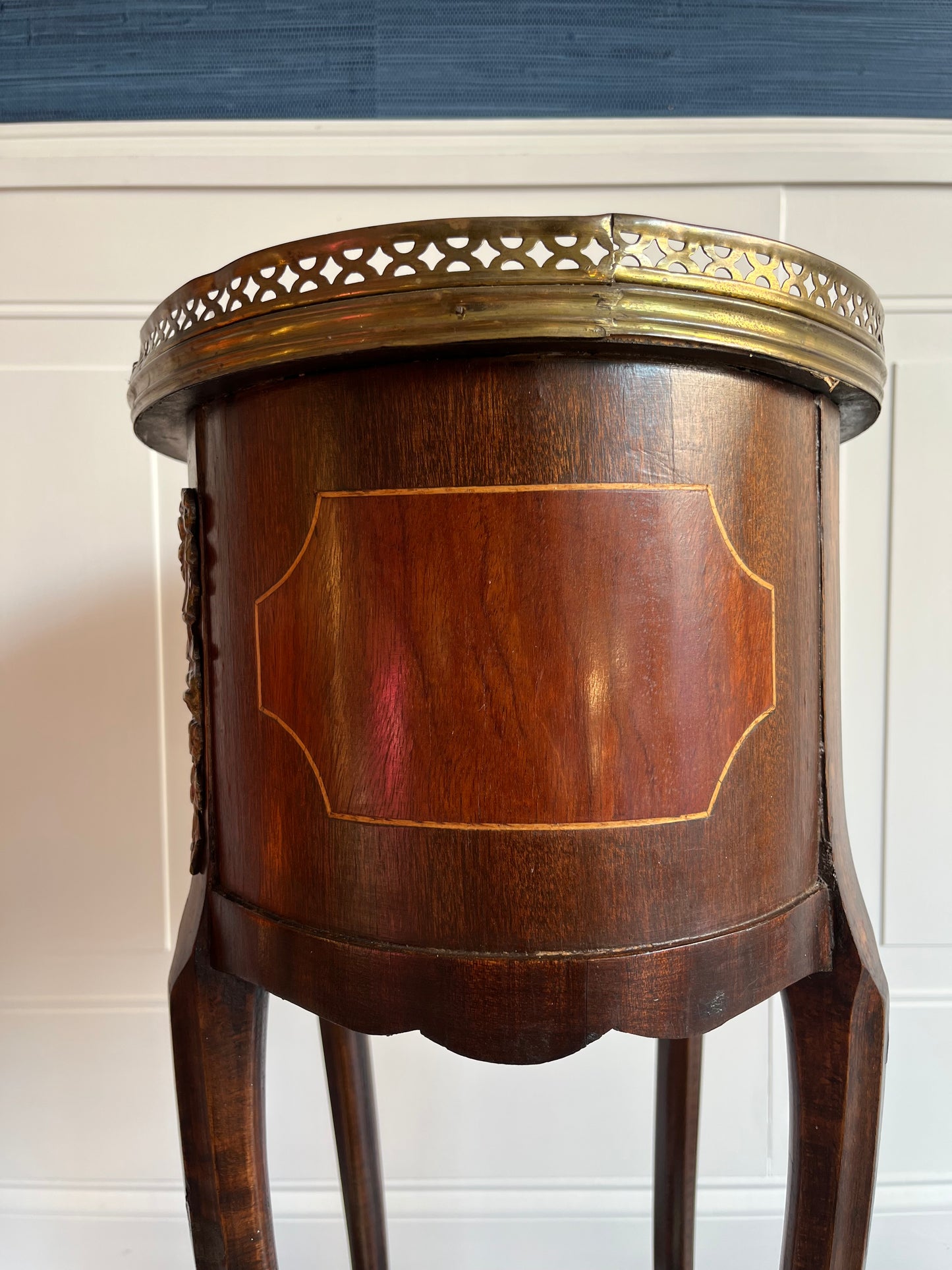 Petite Vintage French Marquetry Side Accent Table with Brass Ormolu Ribbons & Gallery Trim | Nightstand, End Table