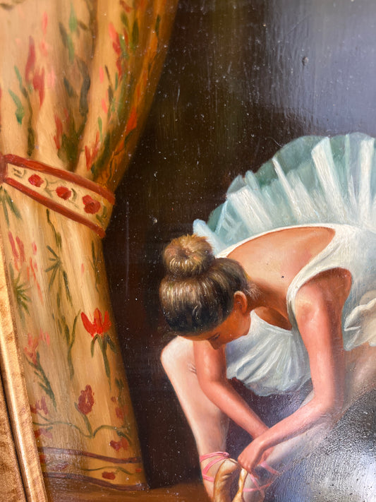 Vintage 1960s Oil On Board Framed Painting of Ballerina Tying Slippers