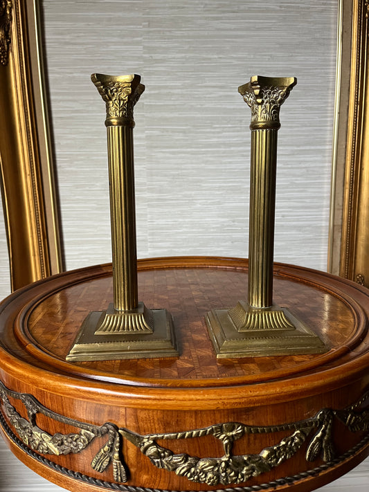 Vintage Neoclassical Brass Greek Corinthian Column Candlestick Holder Pair