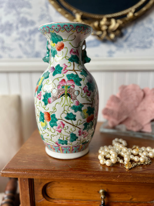 Vintage Chinese Famille Rose Vase with Butterflies Peaches & Florals – Colorful Porcelain for Mantel, Console or Bookshelf Styling