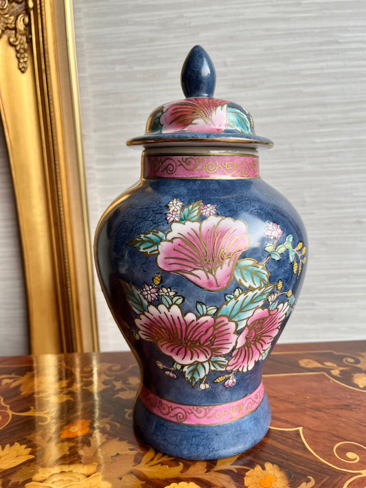 1950s Vintage Floral Pink & Navy Porcelain Hand Painted Chinoiserie Temple Jar