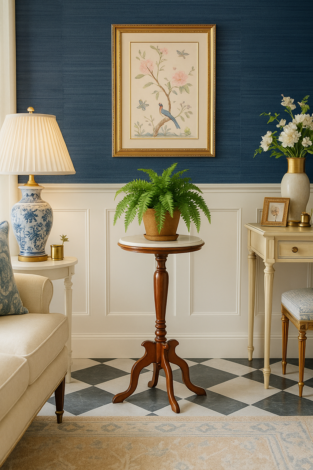 Italian Marble & Mahogany Pedestal Table – Vintage 1950s Plant or Display Stand