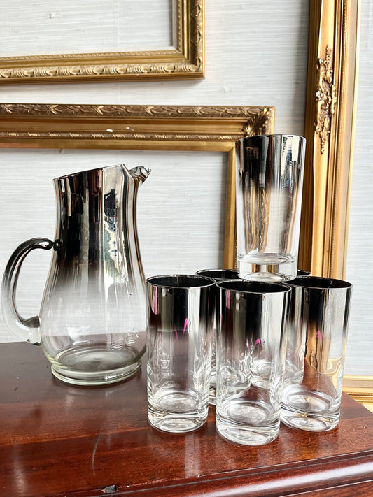 Dorothy Thorpe Mid Century Silver Fade Pitcher & Six Highball Glasses
