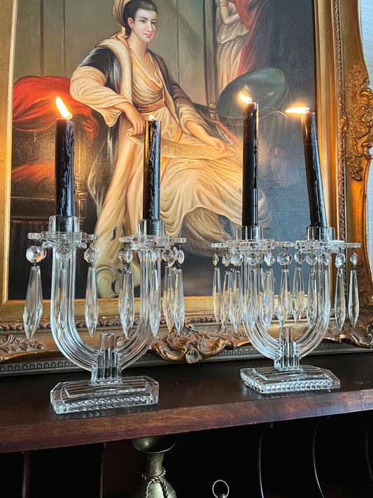 Antique Art Deco Heisey Glass Candelabra Candle Holder w/ Bobeche Prisms Pair