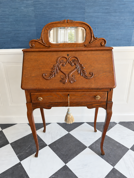 Petite Antique Oak Slant-Front Secretary Ladies Desk with Beveled Mirror & Ram’s-Head Carving