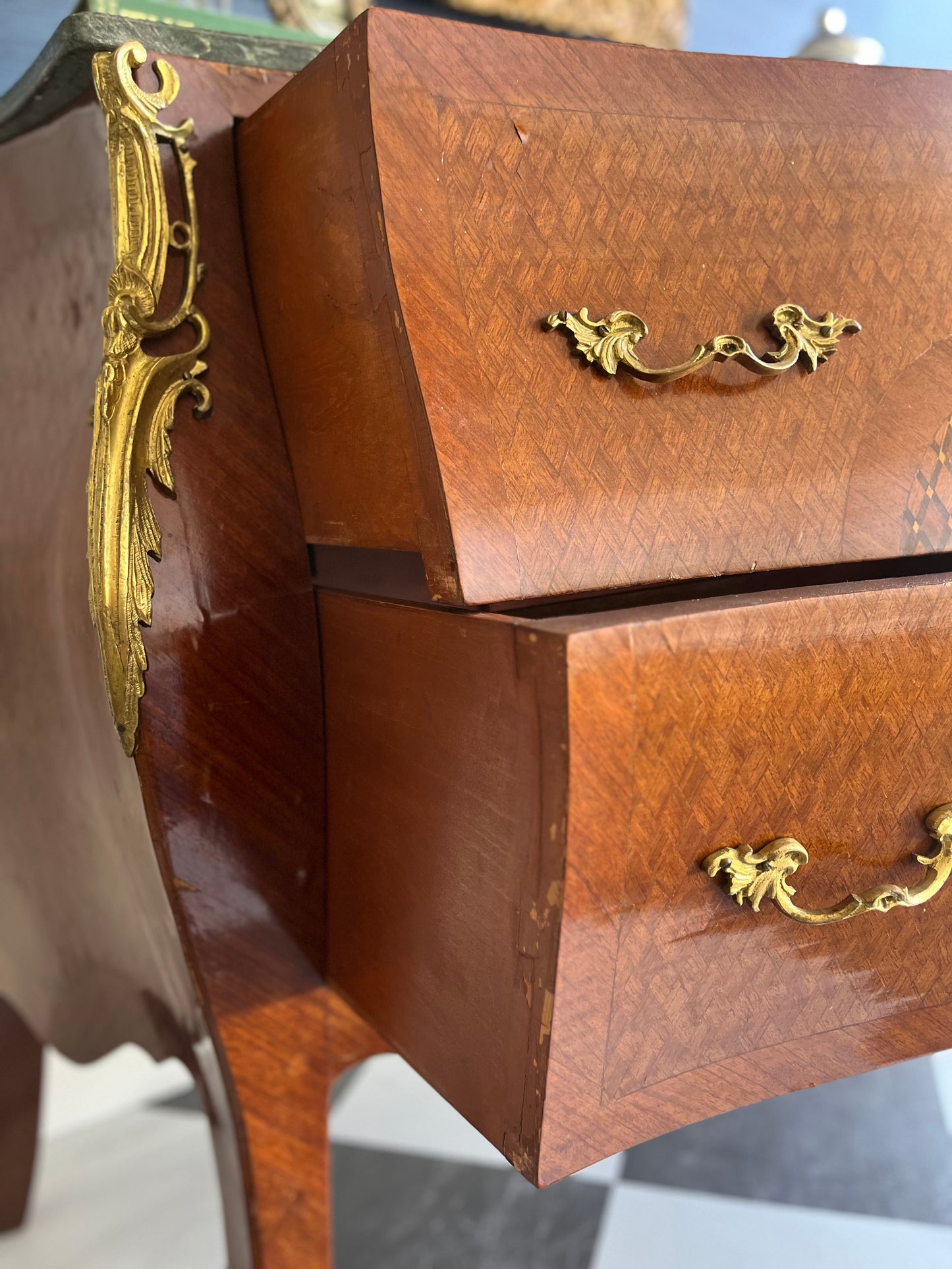 Vintage French Marquetry Bombe Commode Chest Dresser with Green Marble Top & Gilt Brass