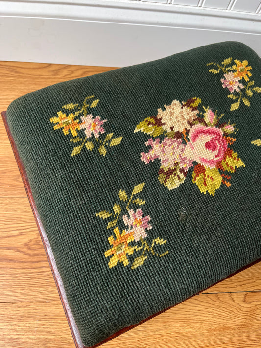 Antique Footstool circa 1880s Hand Needlepoint Floral Tapestry + Carved Wood Footstool Ottoman