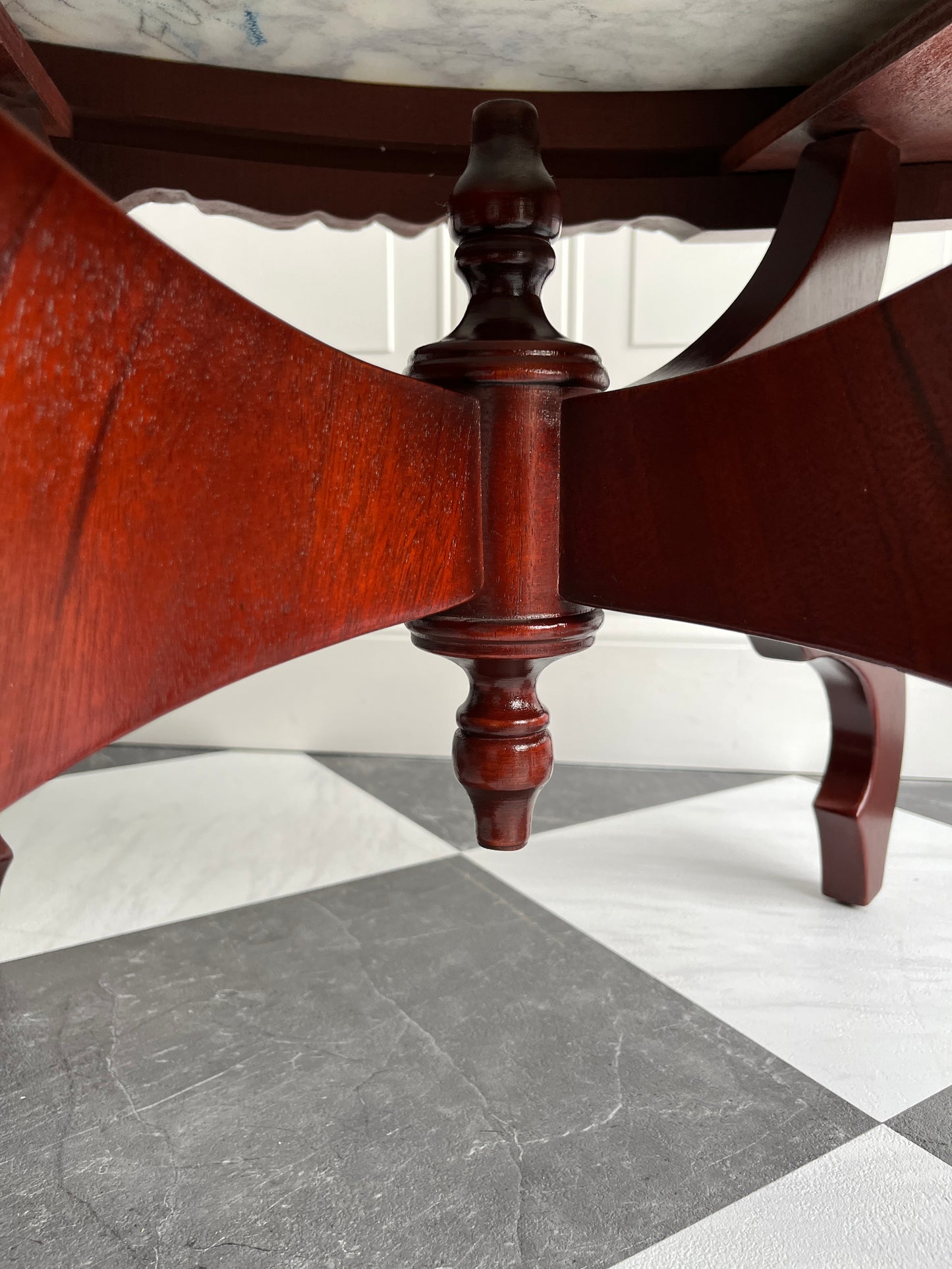 Vintage Italian Marble Top Floral Carved Mahogany Coffee Table | Mid Century Victorian Revival