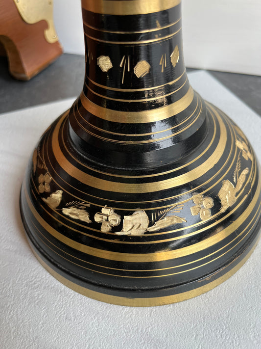 24” Hand-Etched Black & Gold Brass & Enamel Floor Vase – Statement Planter or Decorative Entryway Accent