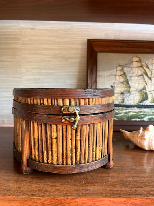 Vintage Bamboo & Rattan Wooden Demi Lune Storage Box