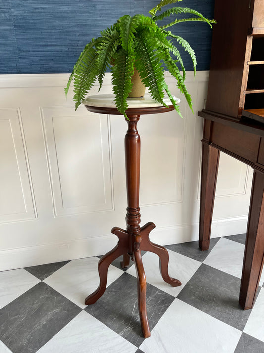 Italian Marble & Mahogany Pedestal Table – Vintage 1950s Plant or Display Stand