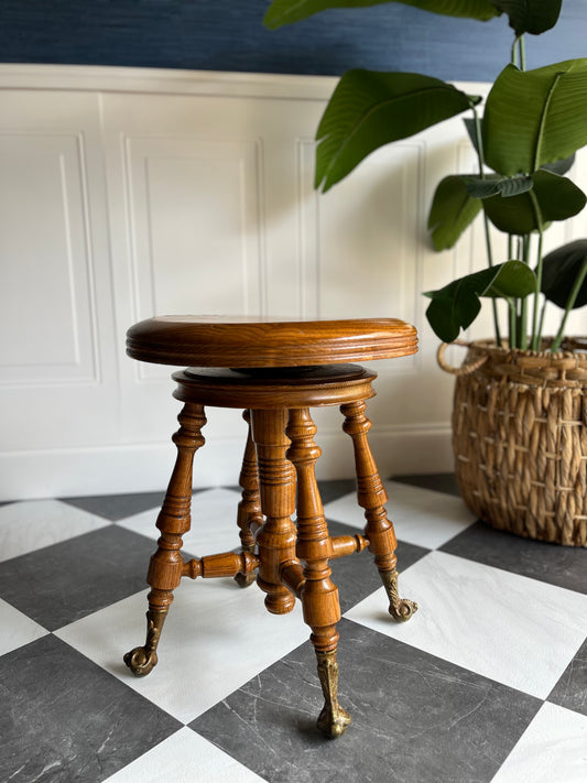 Oak Claw & Ball Piano Stool – Traditional Adjustable Vanity or Accent Seat with Turned Legs and Ornate Brass Foot Detail