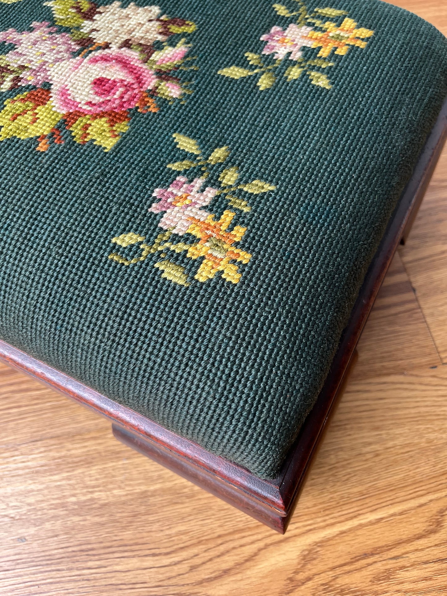 Antique Footstool circa 1880s Hand Needlepoint Floral Tapestry + Carved Wood Footstool Ottoman