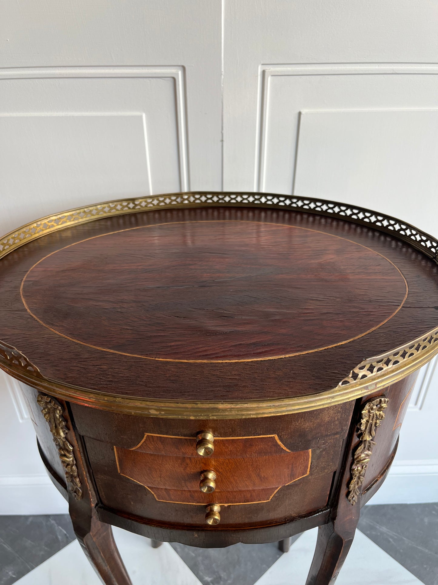 Petite Vintage French Marquetry Side Accent Table with Brass Ormolu Ribbons & Gallery Trim | Nightstand, End Table