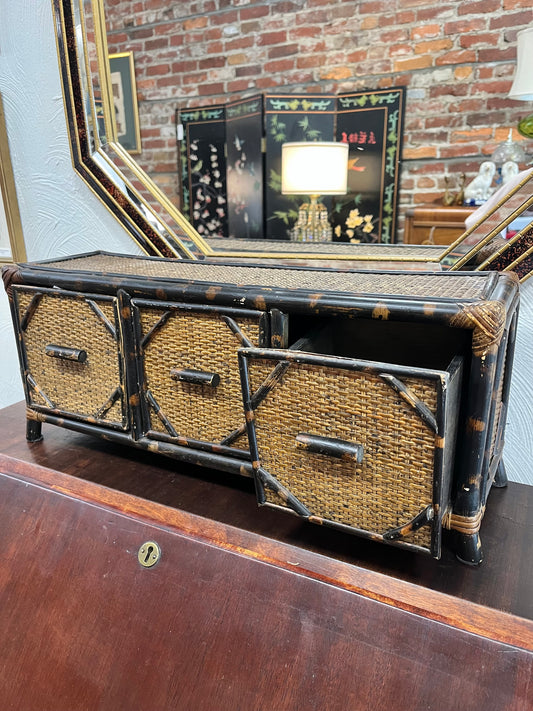 Exotic Antique Bamboo & Cane Three Drawer Storage Box