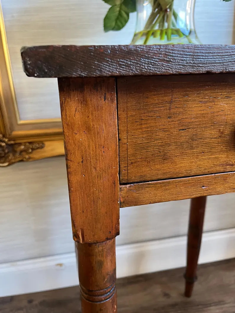 Early 1800s Antique Primitive Pine Side Table Nightstand With Storage Drawer
