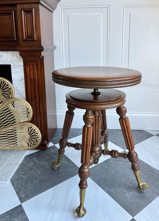 Antique Late 1800s Adjustable Swivel Piano Stool Accent Chair with Claw & Ball Brass Glass Feet | J.W. Lyon Sons