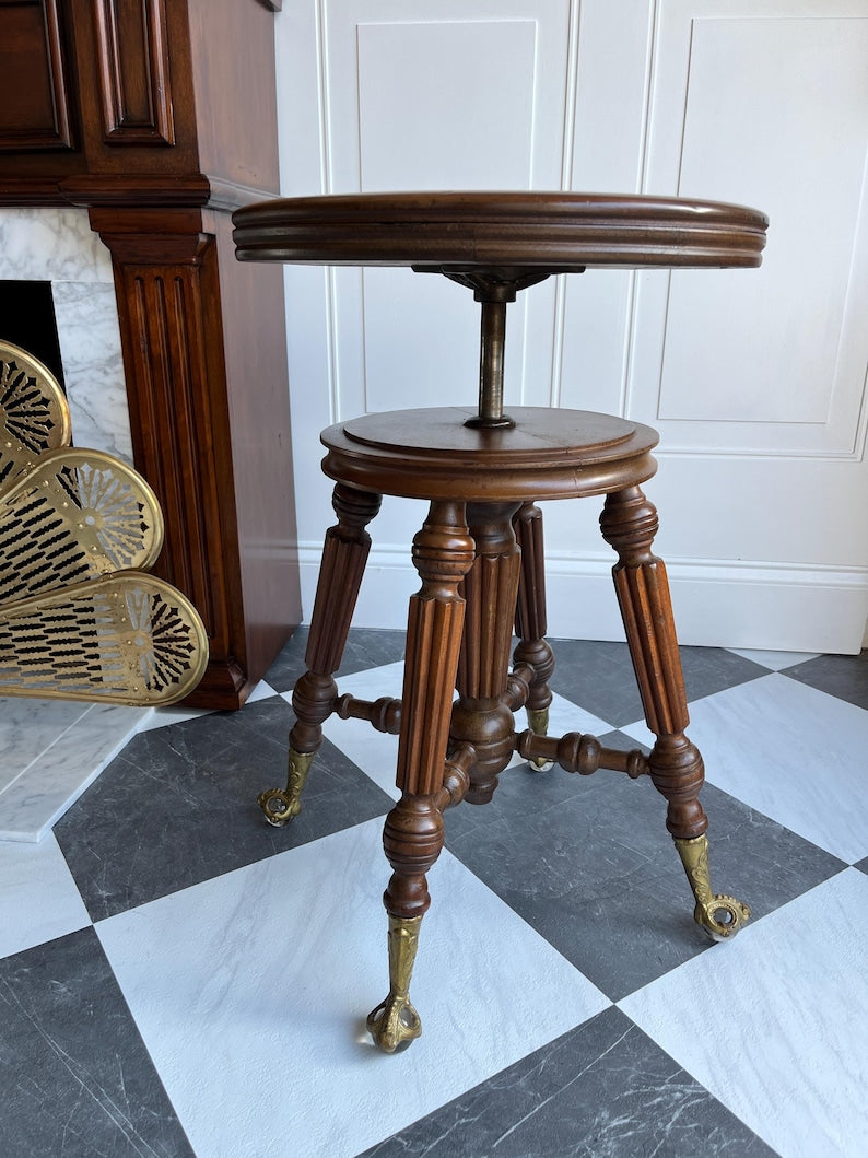 Antique Late 1800s Adjustable Swivel Piano Stool Accent Chair with Claw & Ball Brass Glass Feet | J.W. Lyon Sons