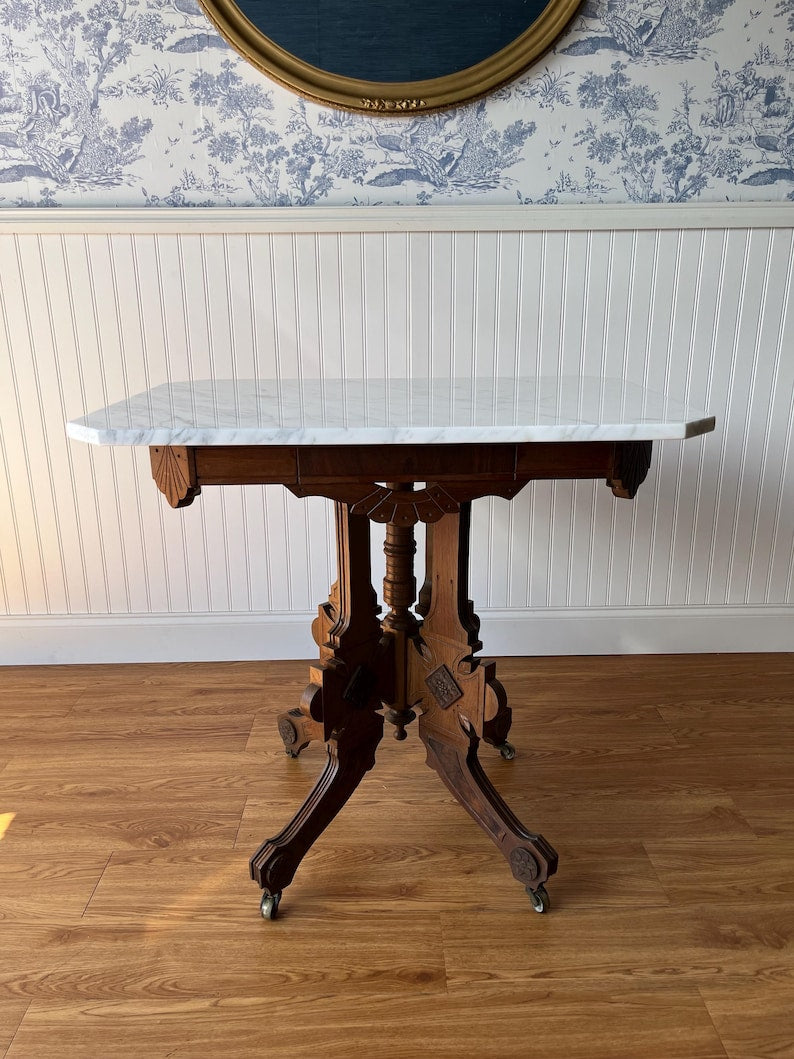 Antique Victorian Eastlake Marble-Top Table On Casters – Circa 1870s–1890s | Carved Wood Bistro, Parlor, or Game Dining Table