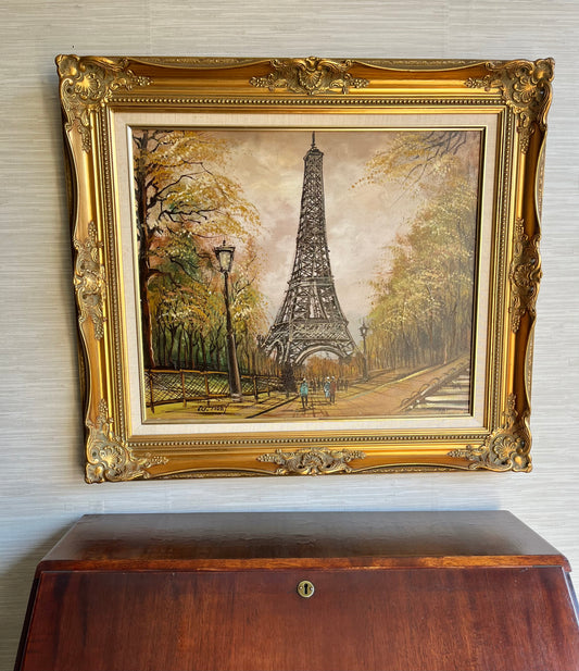 Large Eiffel Tower Original Oil Painting On Canvas In Gold Ornate Frame