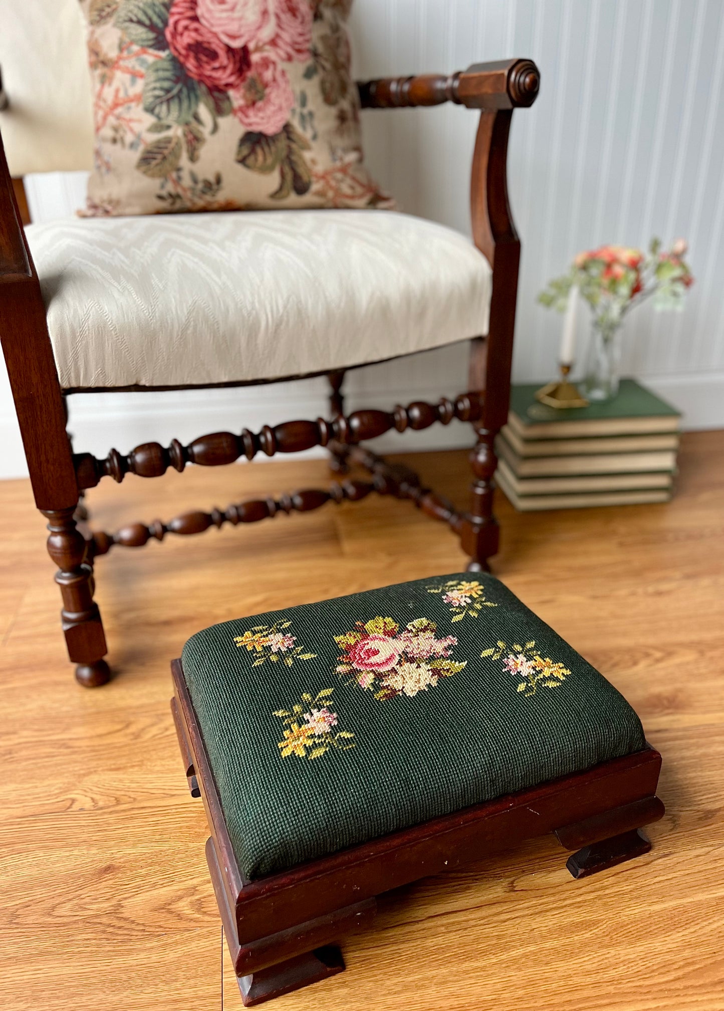Antique Footstool circa 1880s Hand Needlepoint Floral Tapestry + Carved Wood Footstool Ottoman