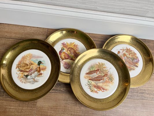 9” Vintage Birds on Porcelain Brass Wall Plate Set of 4 Made In England