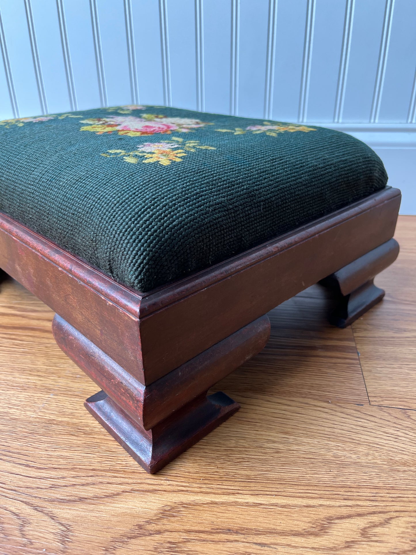 Antique Footstool circa 1880s Hand Needlepoint Floral Tapestry + Carved Wood Footstool Ottoman