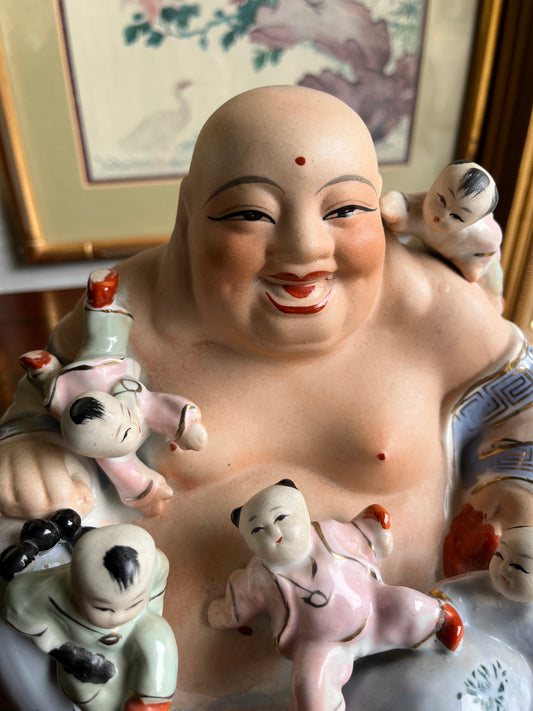 Antique Chinese Porcelain Laughing Buddha With Children Wealth Fertility Statue