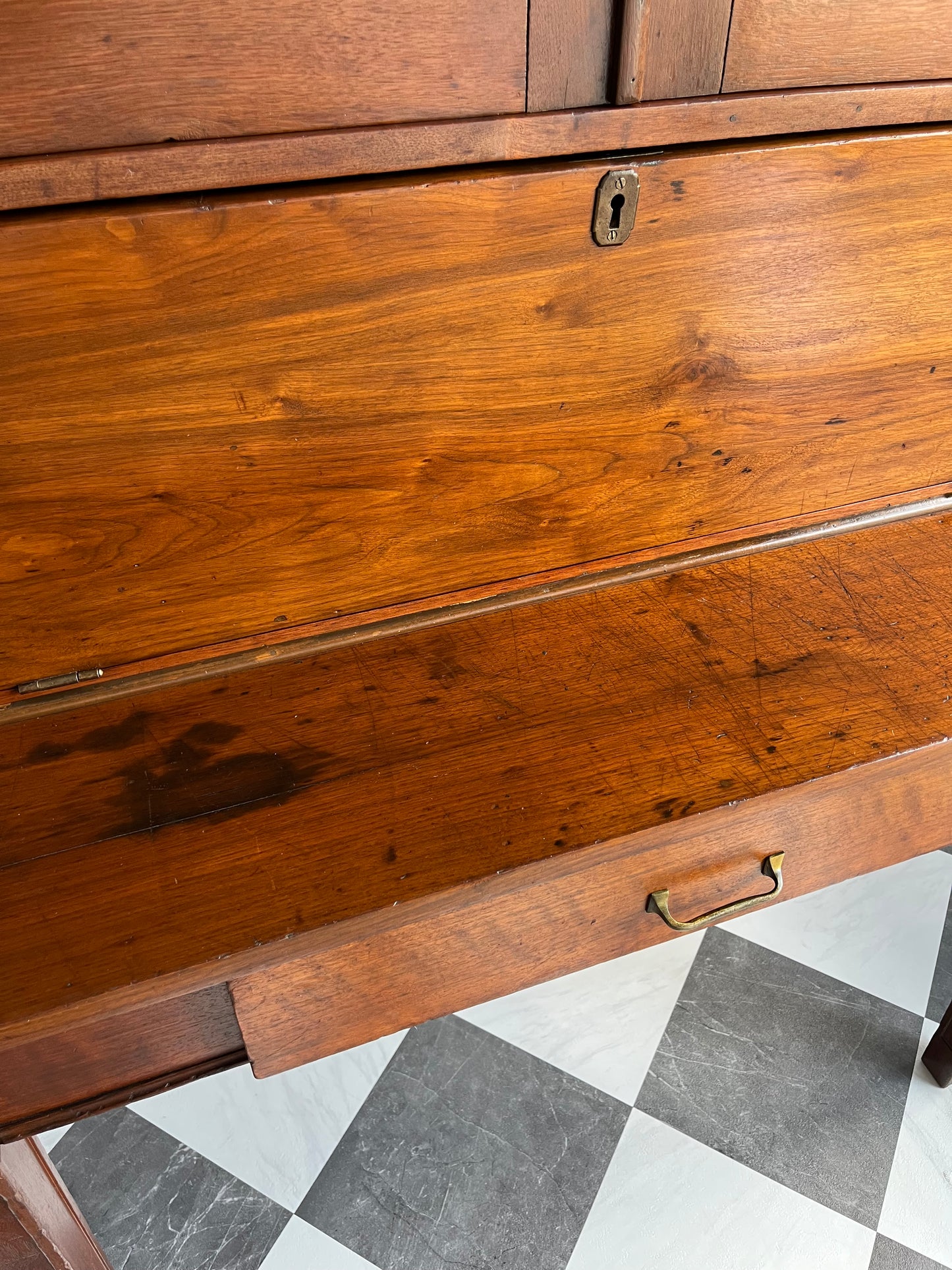 Rare Antique Hand Crafted Secretary Hutch Cabinet Federal Desk with Original Hand Blown Wavy Glass | Adjustable Shelves, Solid Walnut, Circa 1850s