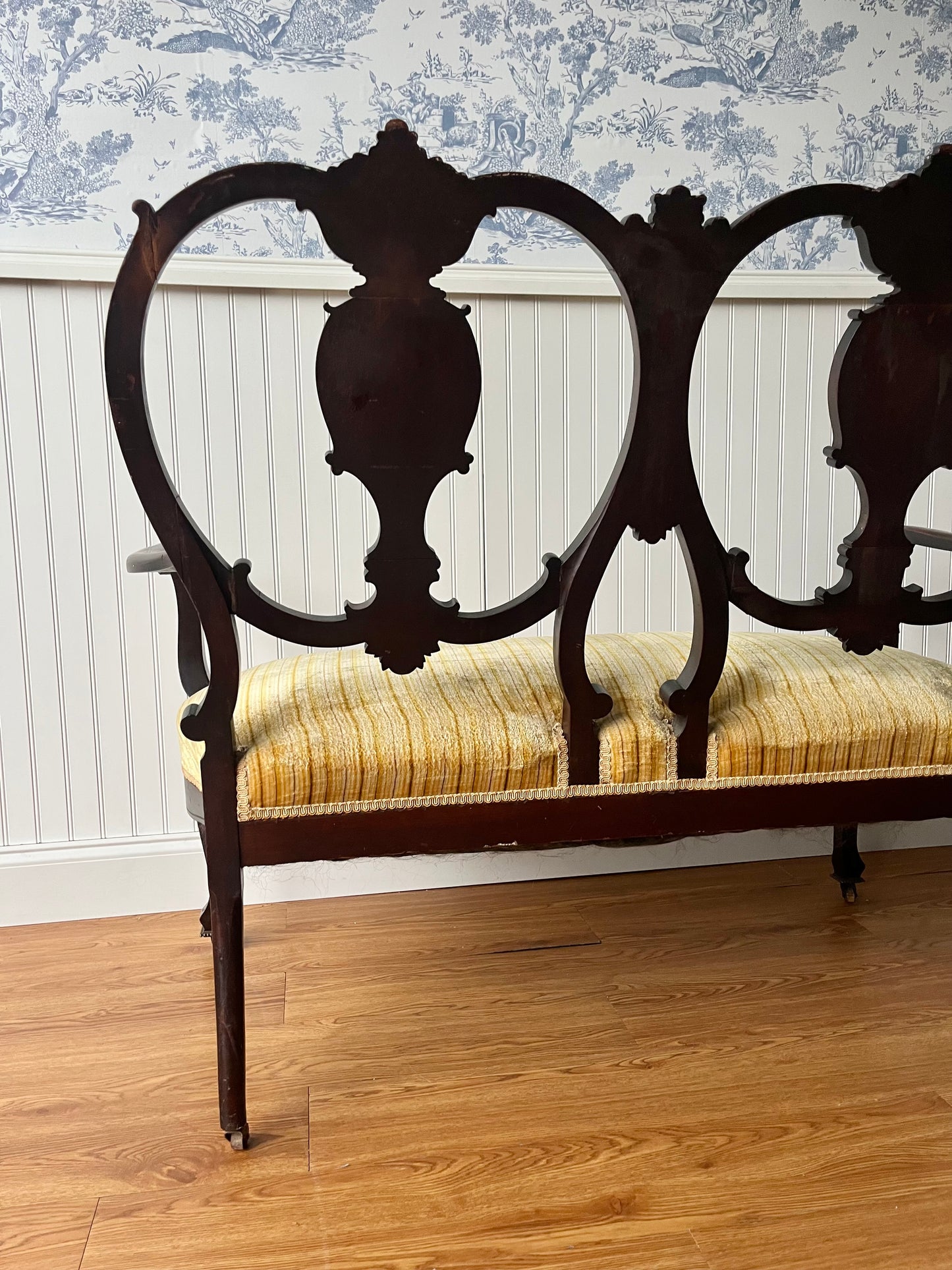 Antique Hand Carved Floral Settee Wood Bench With Original Wood Casters | 19th Century | Ships Free